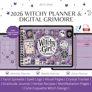 Puede incluir: Un planificador digital y grimorio con temática de brujas. El planificador incluye diseños mensuales, semanales y diarios, lecturas de tarot, registros de hechizos, páginas de rituales y más. El diseño presenta un esquema de color púrpura con ilustraciones de objetos mágicos.