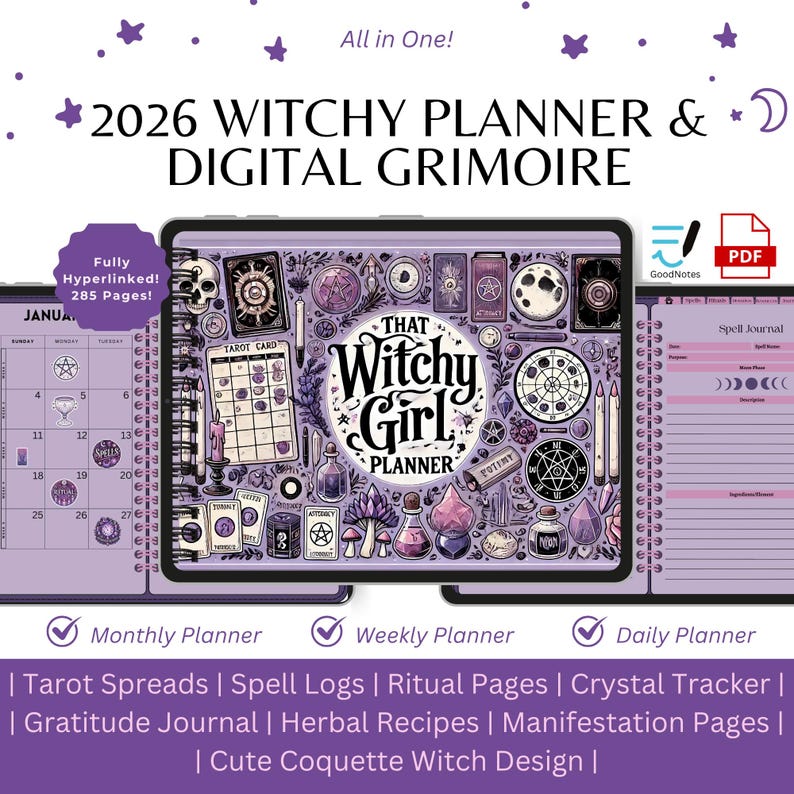 Op de afbeelding: Een digitale planner en grimoire met een heksen thema. De planner bevat maandelijkse, wekelijkse en dagelijkse lay-outs, tarot spreads, spellogs, rituelen pagina's en meer. Het ontwerp heeft een paars kleurenschema met illustraties van magische items.