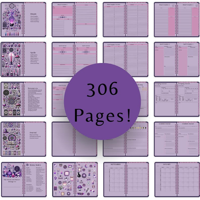 May include: A selection of open journals with purple covers and lined pages. The journals feature illustrations of mystical items and text. A purple circle in the centre reads "306 Pages!" The journals are arranged in a grid, showcasing various layouts.