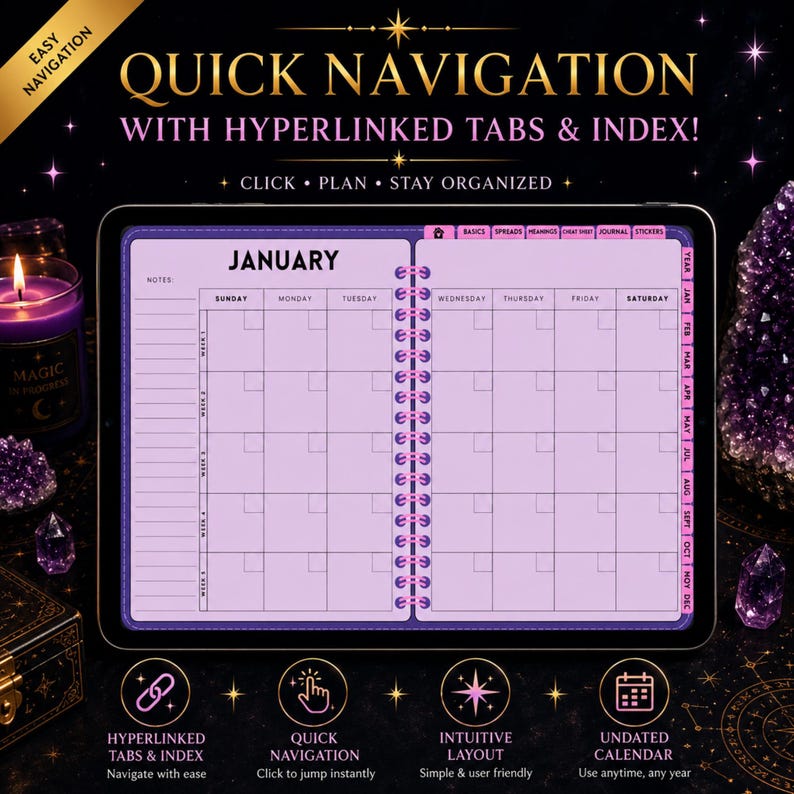 May include: A digital planner displayed on a tablet screen showing a January monthly calendar layout with purple accents, spiral binding, and hyperlinked tabs. The text reads QUICK NAVIGATION WITH HYPERLINKED TABS & INDEX! CLICK PLAN STAY ORGANIZED.