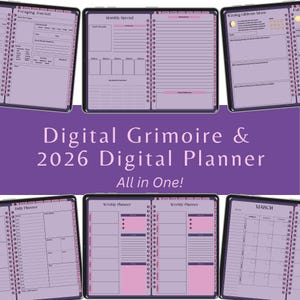 Op de afbeelding: Digital Grimoire & 2026 Digital Planner. De afbeelding toont een digitale planner met verschillende lay-outs, waaronder een foraging journal, maandoverzicht en weekplanner. De planner heeft een paars en roze kleurenschema met spiraalbinding. De tekst "Digital Grimoire & 2026 Digital Planner All in One!" is zichtbaar.