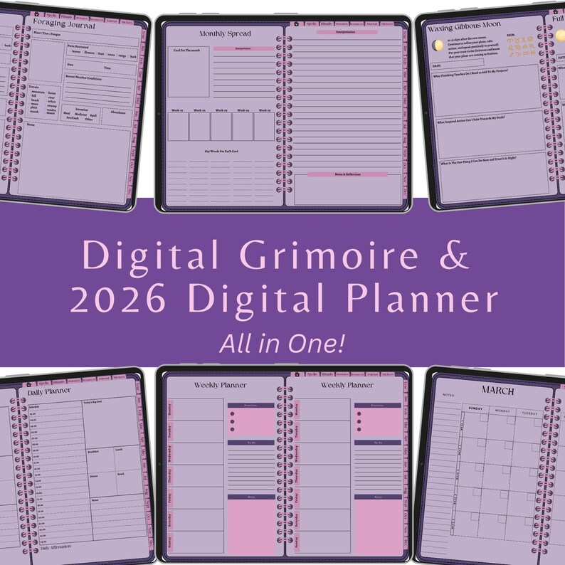 Op de afbeelding: Digital Grimoire & 2026 Digital Planner. De afbeelding toont een digitale planner met verschillende lay-outs, waaronder een foraging journal, maandoverzicht en weekplanner. De planner heeft een paars en roze kleurenschema met spiraalbinding. De tekst "Digital Grimoire & 2026 Digital Planner All in One!" is zichtbaar.