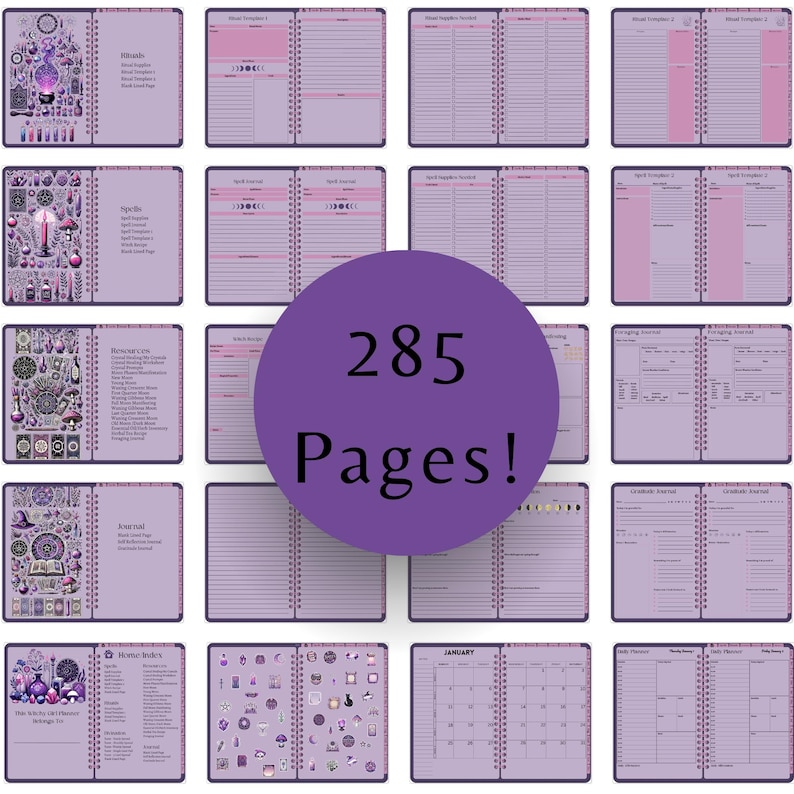 Op de afbeelding: Een lila planner met een spiraalbinding, met diverse binnenpagina's. De pagina's bevatten secties voor rituelen, spreuken en journaling, met een prominente cirkelvormige afbeelding met de tekst "285 Pagina's!". De planner heeft een gedetailleerde, ge&iuml;llustreerde omslag.