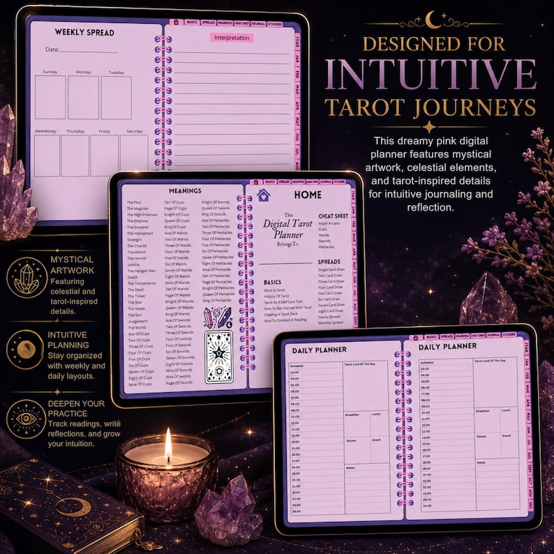 May include: A digital tarot planner displayed on three screens showing weekly spreads, card meanings, and daily schedules. The interface features purple and pink accents with celestial icons, tarot card lists, and organized sections for intuitive journaling.