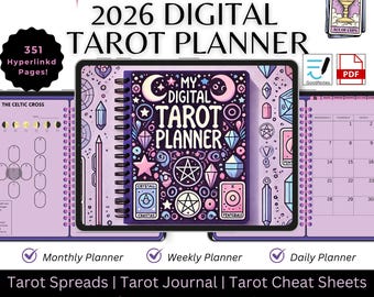 Cyfrowy planer tarota, dziennik tarota, rozkłady tarota, cyfrowy grimoire, dziennik kart wyroczni, Księga Cieni GoodNotes, małe czarownice, 2026