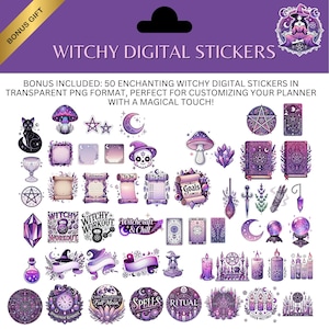 Op de afbeelding: Een verzameling digitale witchy-stickers in paars, roze en wit. De stickers bevatten een zwarte kat, paddenstoelen, sterren, manen, een heksenhoed, kristallen, boeken, kaarsen en andere mystieke elementen. De tekst op de afbeelding luidt "Witchy Digital Stickers".