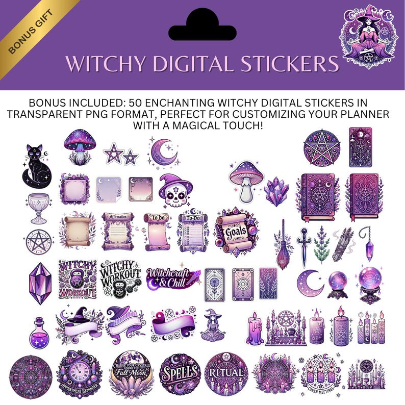 Op de afbeelding: Een verzameling digitale witchy-stickers in paars, roze en wit. De stickers bevatten een zwarte kat, paddenstoelen, sterren, manen, een heksenhoed, kristallen, boeken, kaarsen en andere mystieke elementen. De tekst op de afbeelding luidt "Witchy Digital Stickers".