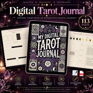 Puede incluir: Un diario de tarot digital mostrado en tres pantallas de tableta. La pantalla central presenta una portada de color morado oscuro con texto blanco My Digital Tarot Journal y símbolos místicos. Las pantallas laterales muestran diseños.