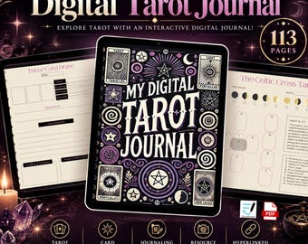 May include: A digital tarot journal displayed on three tablet screens. The central screen features a dark purple cover with white text reading My Digital Tarot Journal and mystical symbols. The side screens show internal page layouts for card draws.