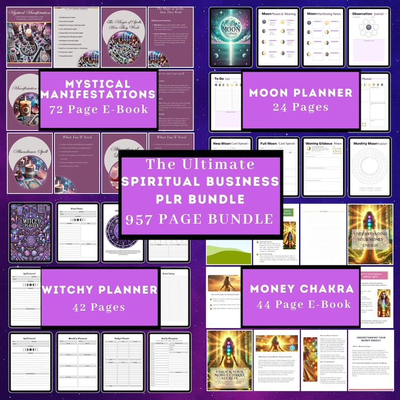 May include: A collection of digital planners and e-books with a purple theme. Titles include "Mystical Manifestations," "Moon Planner," "Witchy Planner," and "Money Chakra." The bundle is titled "The Ultimate Spiritual Business PLR Bundle."