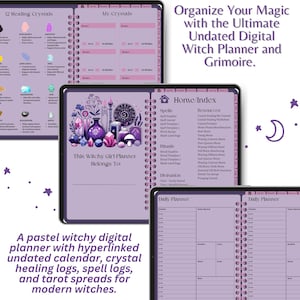 May include: A digital witch planner in pastel purple, featuring crystal healing, spell logs, and tarot spreads. The undated planner has a hyperlinked calendar. Text on the image reads: "Organize Your Magic with the Ultimate Undated Digital Witch Planner and Grimoire."