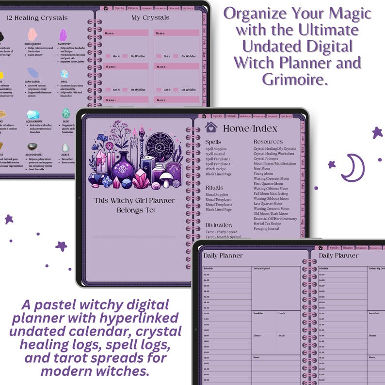 May include: A digital witch planner in pastel purple, featuring crystal healing, spell logs, and tarot spreads. The undated planner has a hyperlinked calendar. Text on the image reads: "Organize Your Magic with the Ultimate Undated Digital Witch Planner and Grimoire."