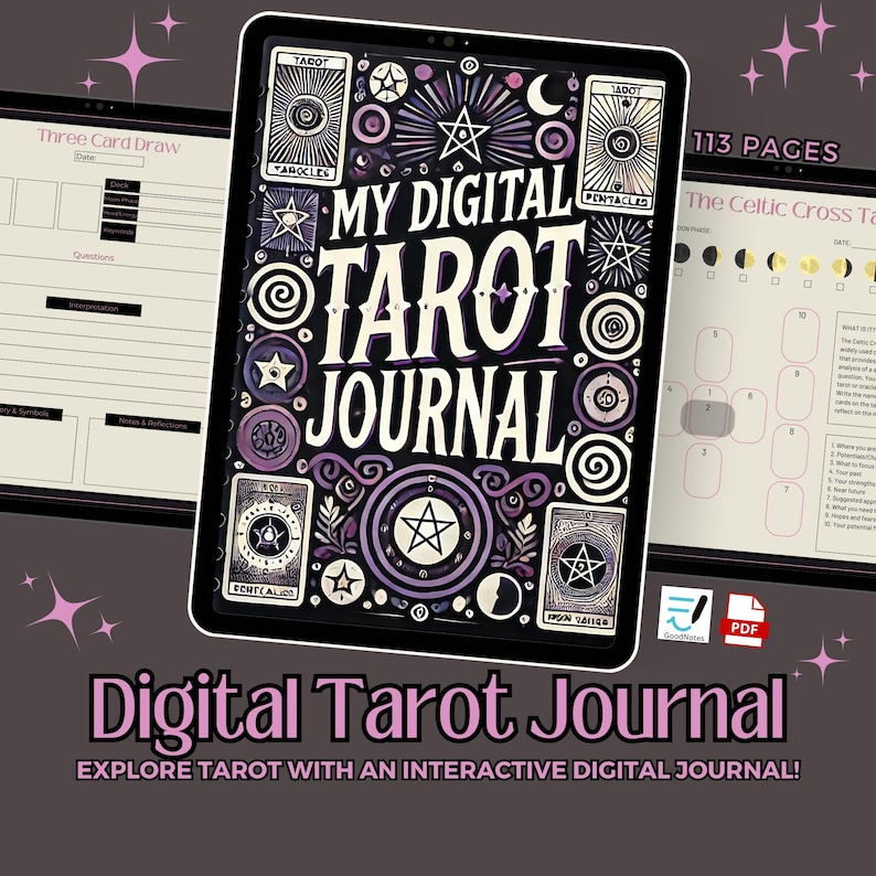 May include: A digital tarot journal with 113 pages, featuring a purple and black cover with a stylized tarot card design and the text "My Digital Tarot Journal".