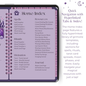 Op de afbeelding: Digitale grimoire met een Home/Index-pagina met spreuken, rituelen, waarzeggerij en bronnen. De pagina bevat een volledig gelinkte bibliotheek met sjablonen, tarotkaartspreads en maanfasen.