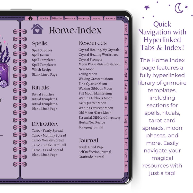 Op de afbeelding: Digitale grimoire met een Home/Index-pagina met spreuken, rituelen, waarzeggerij en bronnen. De pagina bevat een volledig gelinkte bibliotheek met sjablonen, tarotkaartspreads en maanfasen.