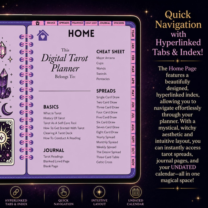May include: A digital tarot planner interface on a tablet screen with a purple theme. The home page displays sections for basics, cheat sheets, spreads, and journal pages. It features hyperlinked tabs for navigation, crystal illustrations, and text.