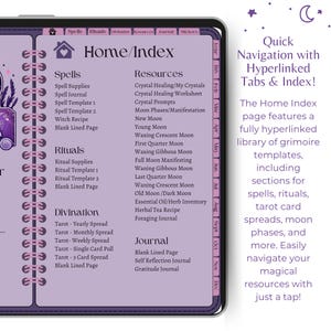 May include: A digital grimoire on a tablet, featuring a Home/Index page with sections for spells, rituals, divination, and resources. The interface includes hyperlinks for easy navigation and a calendar for tracking moon phases.