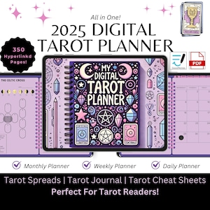Planner digitale dei tarocchi, diario dei tarocchi, stesura dei tarocchi, grimorio digitale, diario delle carte dell'oracolo, GoodNotes Book of Shadows, streghe neonate, 2025