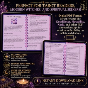 May include: A digital tarot journal displayed on two tablets, featuring pages titled Clearing a Tarot Deck and Wands Cheat Sheet. The interface includes monthly tabs, text about spiritual practices, and a table of card meanings. The background is dark purple with gold celestial icons and text.