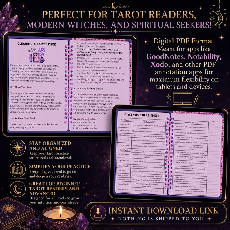 May include: A digital tarot journal displayed on two tablets, featuring pages titled Clearing a Tarot Deck and Wands Cheat Sheet. The interface includes monthly tabs, text about spiritual practices, and a table of card meanings. The background is dark purple with gold celestial icons and text.