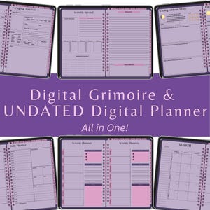 May include: Digital planner and grimoire with various layouts, including a foraging journal, monthly spread, and weekly planner. The text "Digital Grimoire & UNDATED Digital Planner All in One!" is displayed in a purple banner.
