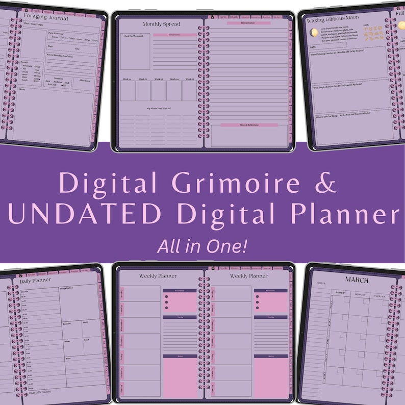 May include: Digital planner and grimoire with various layouts, including a foraging journal, monthly spread, and weekly planner. The text "Digital Grimoire & UNDATED Digital Planner All in One!" is displayed in a purple banner.