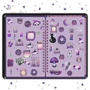 May include: A digital planner spread featuring witchy stickers. The stickers include moons, stars, candles, crystals, a black cat, and the text "Spells", "Ritual", "Witchy Workout", "To Do", and "Witchcraft & Chill". The color scheme is purple and white.
