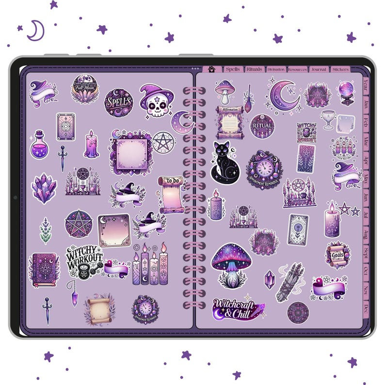 May include: A digital planner spread featuring witchy stickers. The stickers include moons, stars, candles, crystals, a black cat, and the text "Spells", "Ritual", "Witchy Workout", "To Do", and "Witchcraft & Chill". The color scheme is purple and white.
