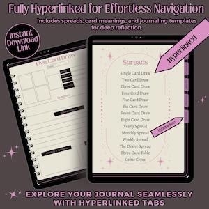 May include: A digital planner with a pink and black design. The planner includes a five card draw spread, spreads for single, two, three, four, five, six, seven, eight card draws, yearly, monthly, weekly spreads, the desire spread, three card table, and celtic cross. The planner is fully hyperlinked for effortless navigation.