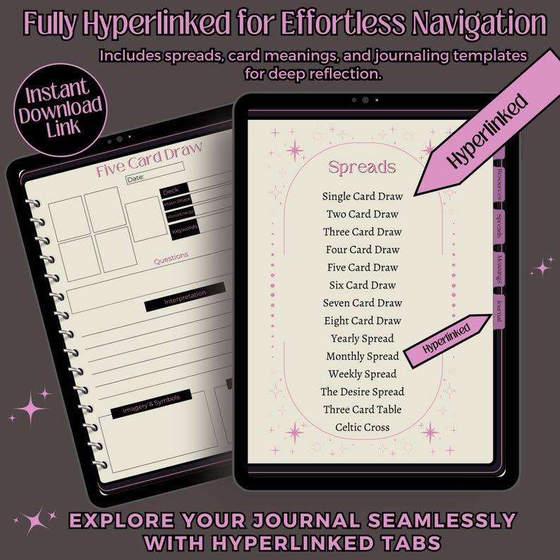 May include: A digital planner with a pink and black design. The planner includes a five card draw spread, spreads for single, two, three, four, five, six, seven, eight card draws, yearly, monthly, weekly spreads, the desire spread, three card table, and celtic cross. The planner is fully hyperlinked for effortless navigation.