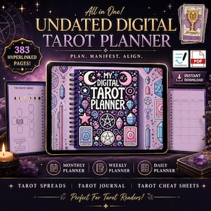 May include: An undated digital tarot planner displayed on a tablet screen, featuring 383 hyperlinked pages. The cover shows purple and pink illustrations of crystals, stars, and pentacles. Includes monthly, weekly, and daily planner layouts.