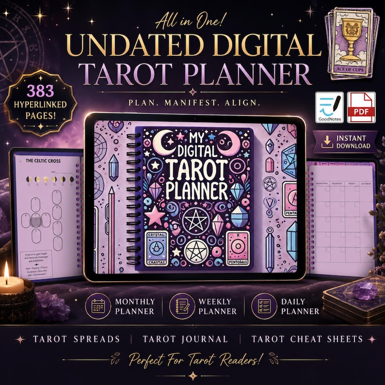 May include: An undated digital tarot planner displayed on a tablet screen, featuring 383 hyperlinked pages. The cover shows purple and pink illustrations of crystals, stars, and pentacles. Includes monthly, weekly, and daily planner layouts.