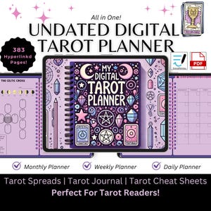 Puede incluir: Un planificador de tarot digital con una cubierta morada que presenta una luna creciente, estrellas y diseños geométricos. El planificador incluye páginas de planificación mensual, semanal y diaria, lecturas de tarot y hojas de trucos.