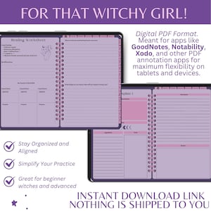 May include: Digital PDF witchy planner in a purple theme, featuring a healing worksheet and other templates. Text on the image includes "FOR THAT WITCHY GIRL!" and "INSTANT DOWNLOAD LINK NOTHING IS SHIPPED TO YOU."