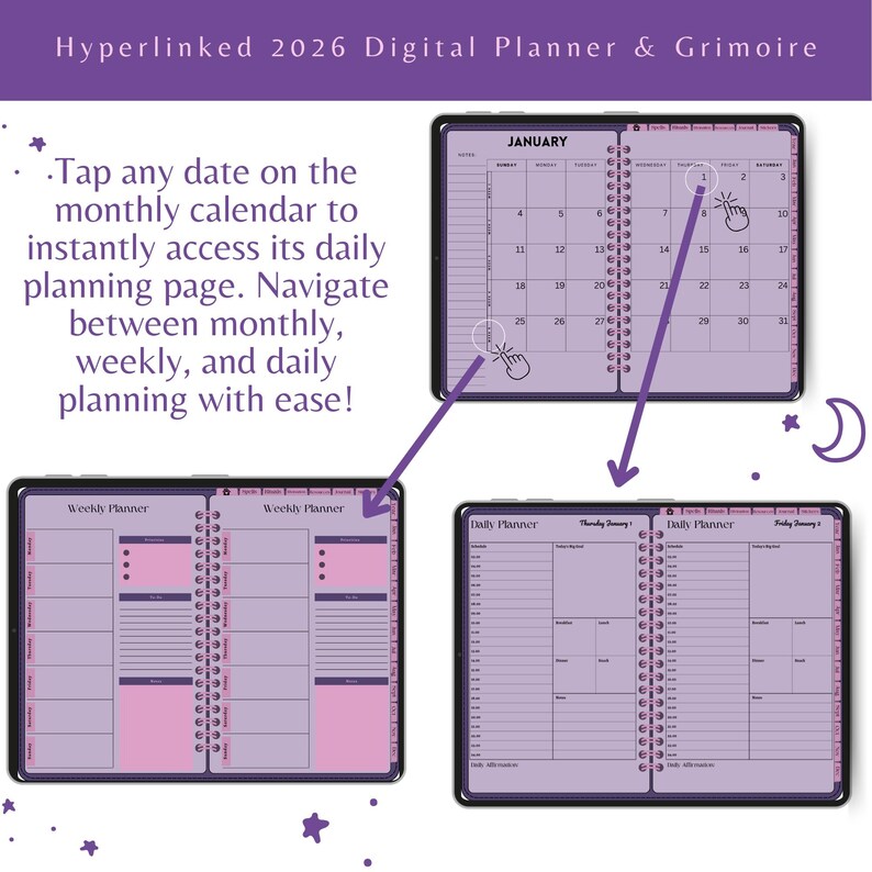 Op de afbeelding: Digitale planner met een paars en roze kleurenschema. De planner bevat maandelijkse, wekelijkse en dagelijkse planningspagina's. De tekst in de afbeelding luidt "Hyperlinked 2026 Digital Planner & Grimoire".