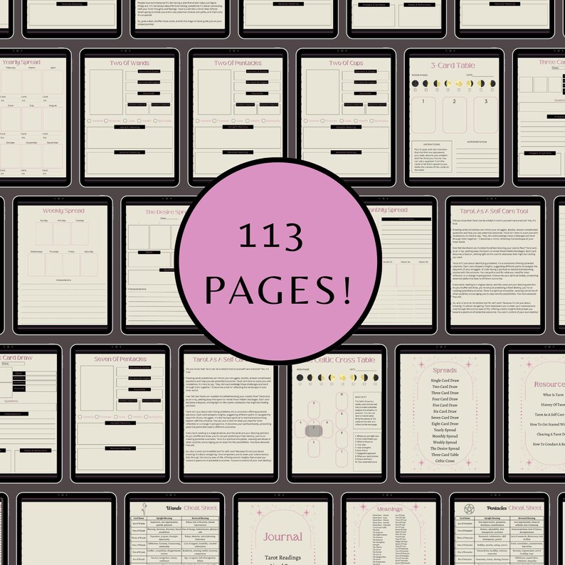 May include: A digital planner with 113 pages for tarot readings. The planner includes spreads, journal pages, and cheat sheets. The planner is designed for use with a tablet or computer.