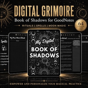 Puede incluir: Grimorio Digital Libro de las Sombras para GoodNotes. La imagen muestra un libro digital con el título "My Digital Book of Shadows" en la pantalla de una tableta. La portada presenta diseños celestiales. También incluye el texto "Rituals | Spells | Moon Magic".