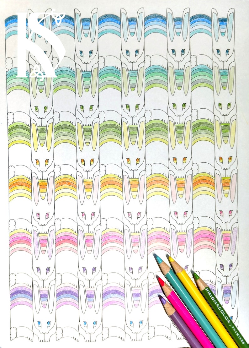 Rainbow Bunny Coloring Page Kids Coloring Adult Coloring | Etsy