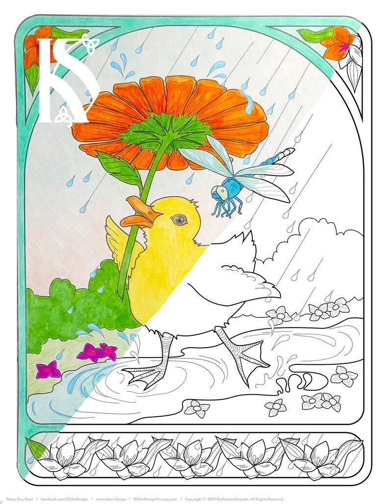 Rainy Day Duck Coloring Page Kids Coloring Adult Coloring | Etsy