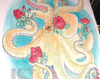 OctoRosey - Octopus Ocean Tentacle Roses Sea Floral | Adult Coloring | Digital Download