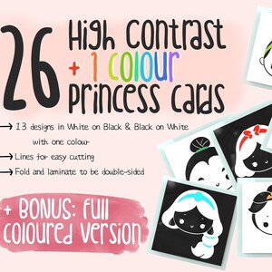 High Contrast Princess Black and White Baby Cards, Colour Princess Cards, Color Contrast, Sensory flashcards, Printable, Instant Download