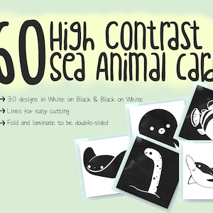 Tarjetas de bebé en blanco y negro de animales marinos de alto contraste, tarjetas de animales, tarjetas sensoriales, tarjetas de recién nacidos, imprimibles, descarga instantánea