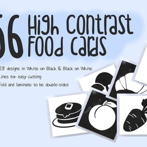 Tarjetas de bebé en blanco y negro de alimentos de alto contraste, tarjetas didácticas de alimentos, tarjetas didácticas sensoriales, tarjetas didácticas para recién nacidos, imprimibles, descarga instantánea
