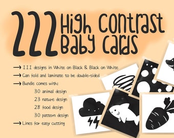 High Contrast Black and White Baby Cards, Animal, Nature, Food, Pattern flashcards, Sensory flashcards, Printable, Instant Download