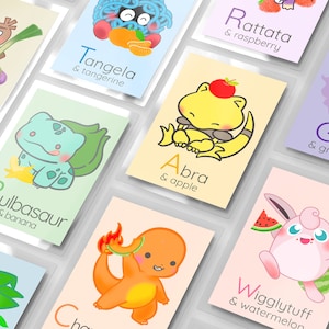 Tarjeta didáctica del alfabeto de Pokémon para imprimir, alfabeto de frutas, doble cara, arte de fan, descarga digital, descarga instantánea