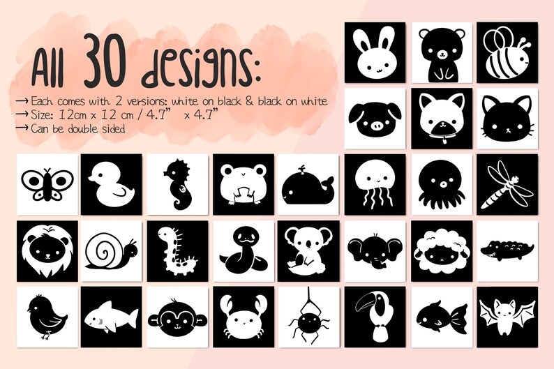 May include: A set of 30 black and white illustrations of various animals, insects, and sea creatures. Each illustration is 4.7 inches by 4.7 inches and can be used for double-sided projects.