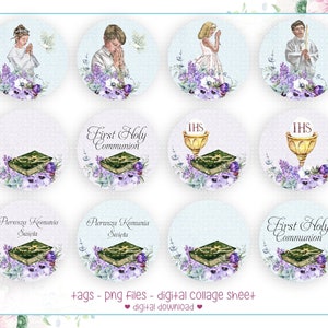 IHS, etiquetas de Primera Comunión, imágenes de acuarela niño y niña, hoja de collage de Comunión, flores de anémona y lila, PNG para tarjeta e invitaciones