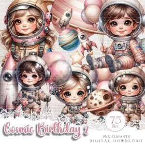 Whimsical Astronaut Girls, 75 clipart PNG para confecção de cartões, Cosmic Birthday digital Fussy Cut em 4 folhas JPG, download digital