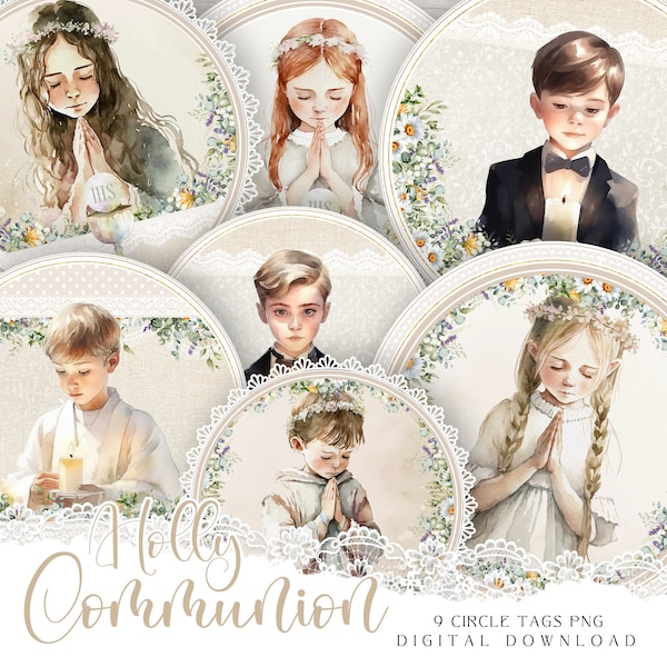 First Communion digital ornaments, Card-making elements with prayer children's watercolor design, Printable circle cupcake toppers