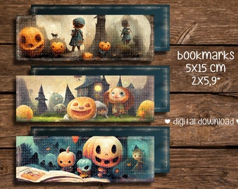 Pumpkin horror printable bookmarks, Halloween theme gift for spooky party guests, Creepy and dark bookish accessories
